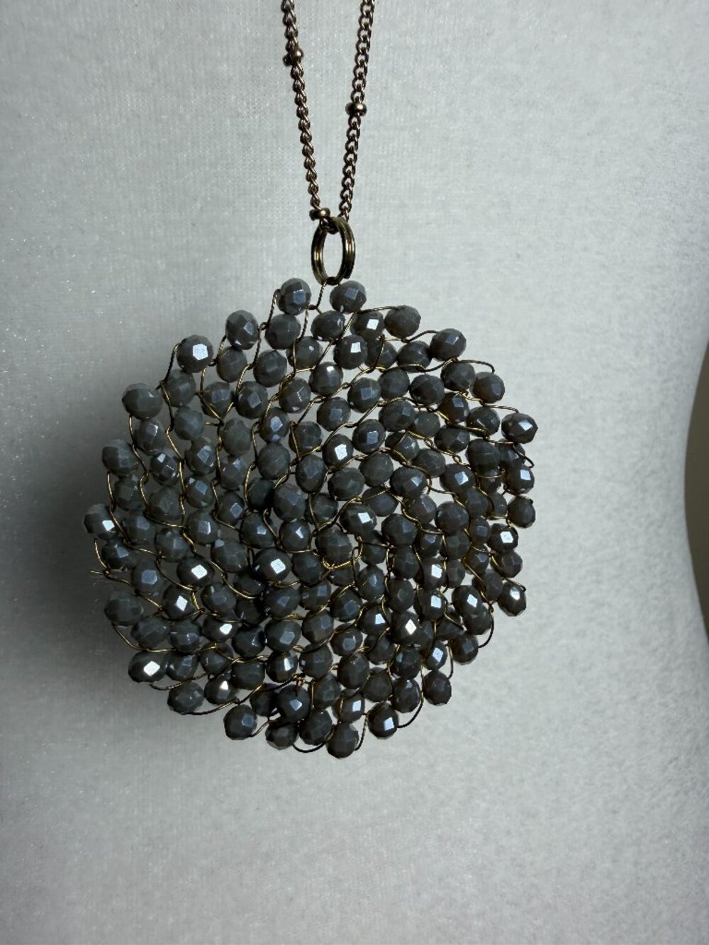 Grey Stone Medallion Pendant Extra Long Necklace Gold Tone